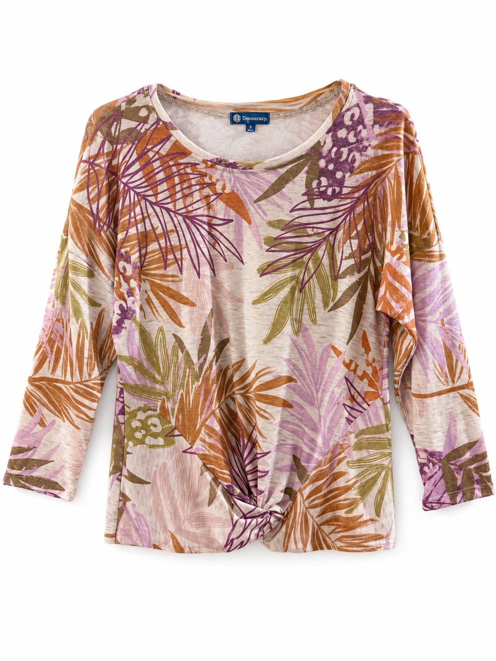 Democracy Tropical Leaf Knot-Front Long Sleeve Top - Size Small GUC